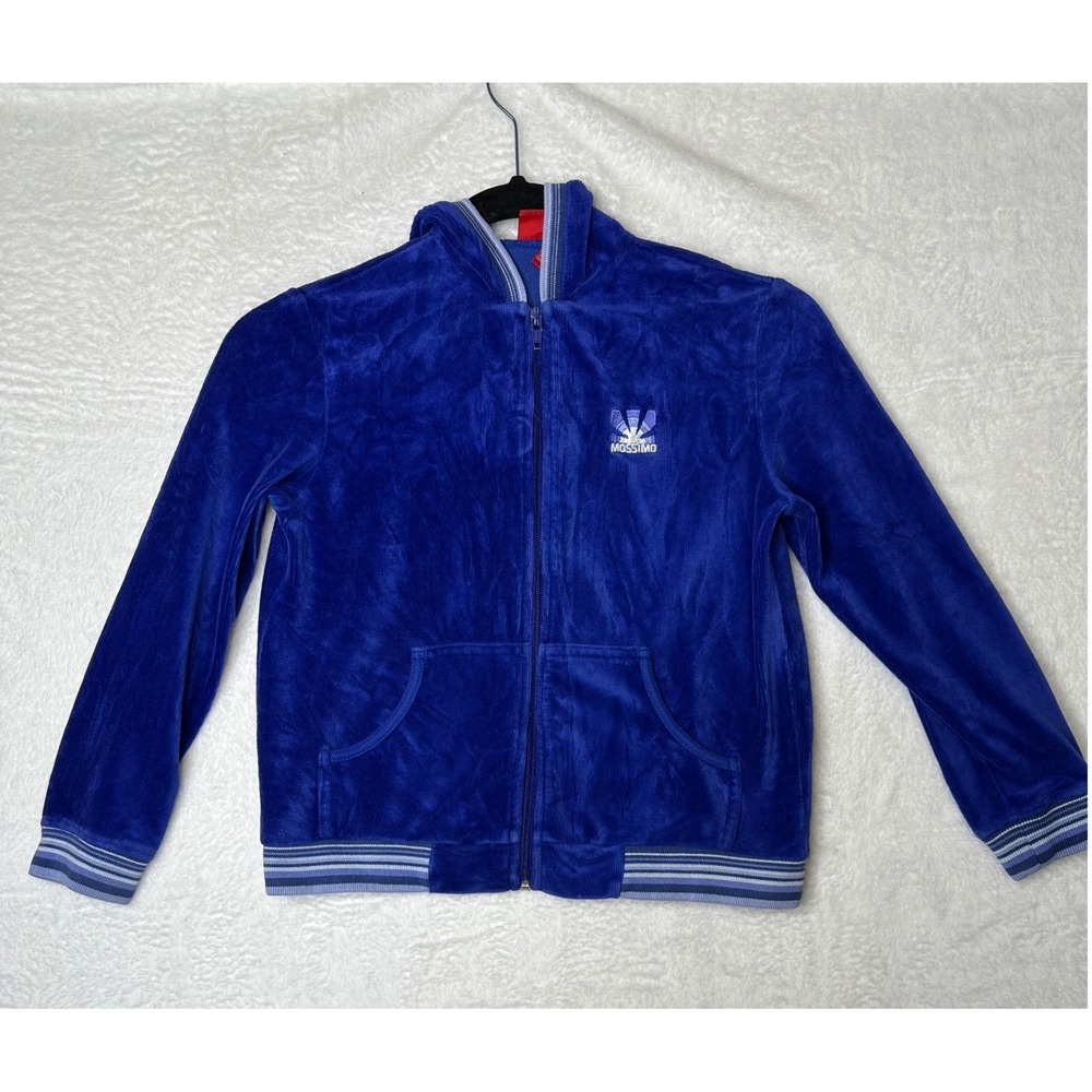Mossimo Velour Zip Hoodie Kids Size M 7/8 Blue Y2K Striped Trim